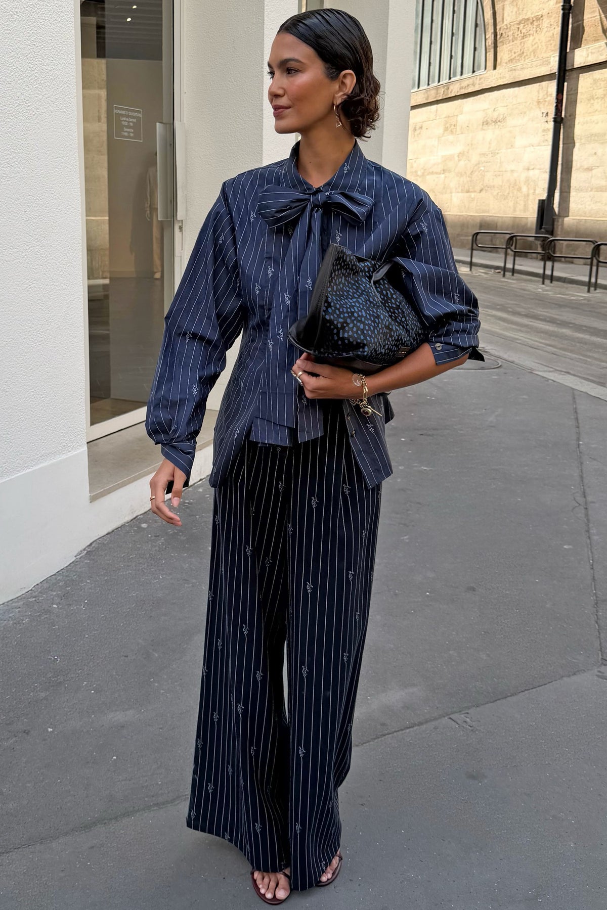 Never Fully Dressed Featured - Navy Stripe Bow Shirt