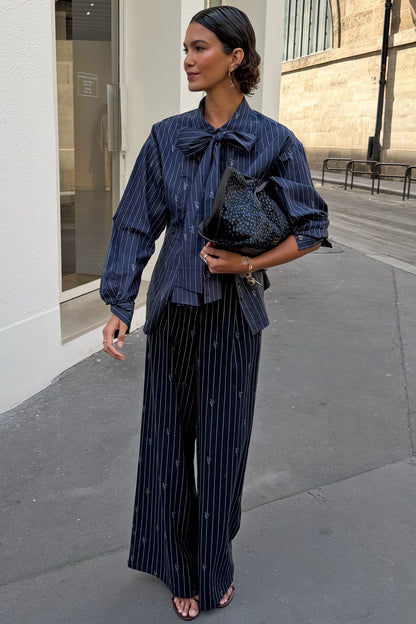 Never Fully Dressed Featured - Navy Stripe Bow Shirt