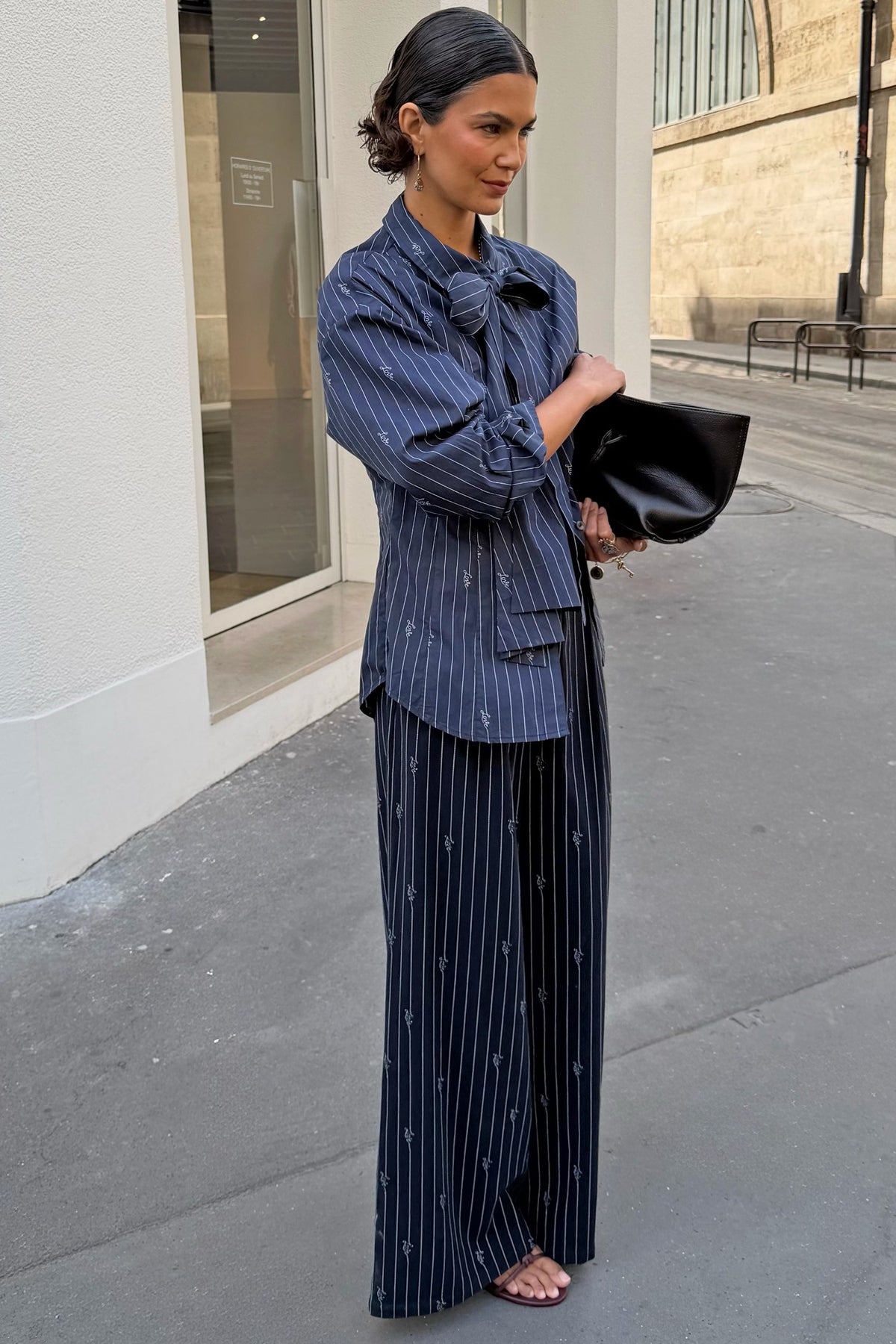 Never Fully Dressed Featured - Navy Stripe Bow Shirt
