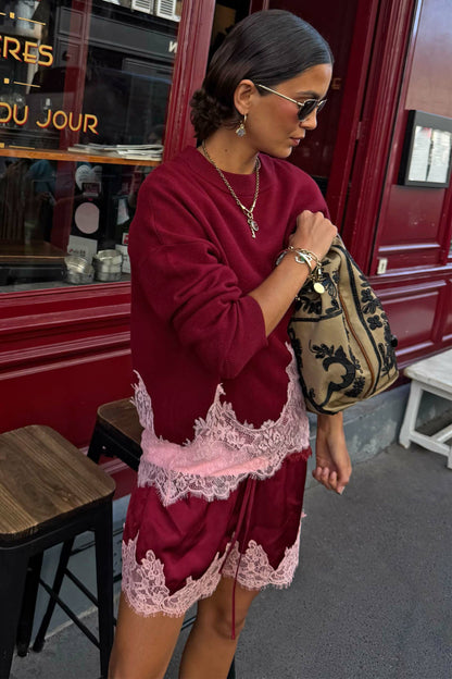 Never Fully Dressed New - Burgundy and Pink Lace Maeva Shorts