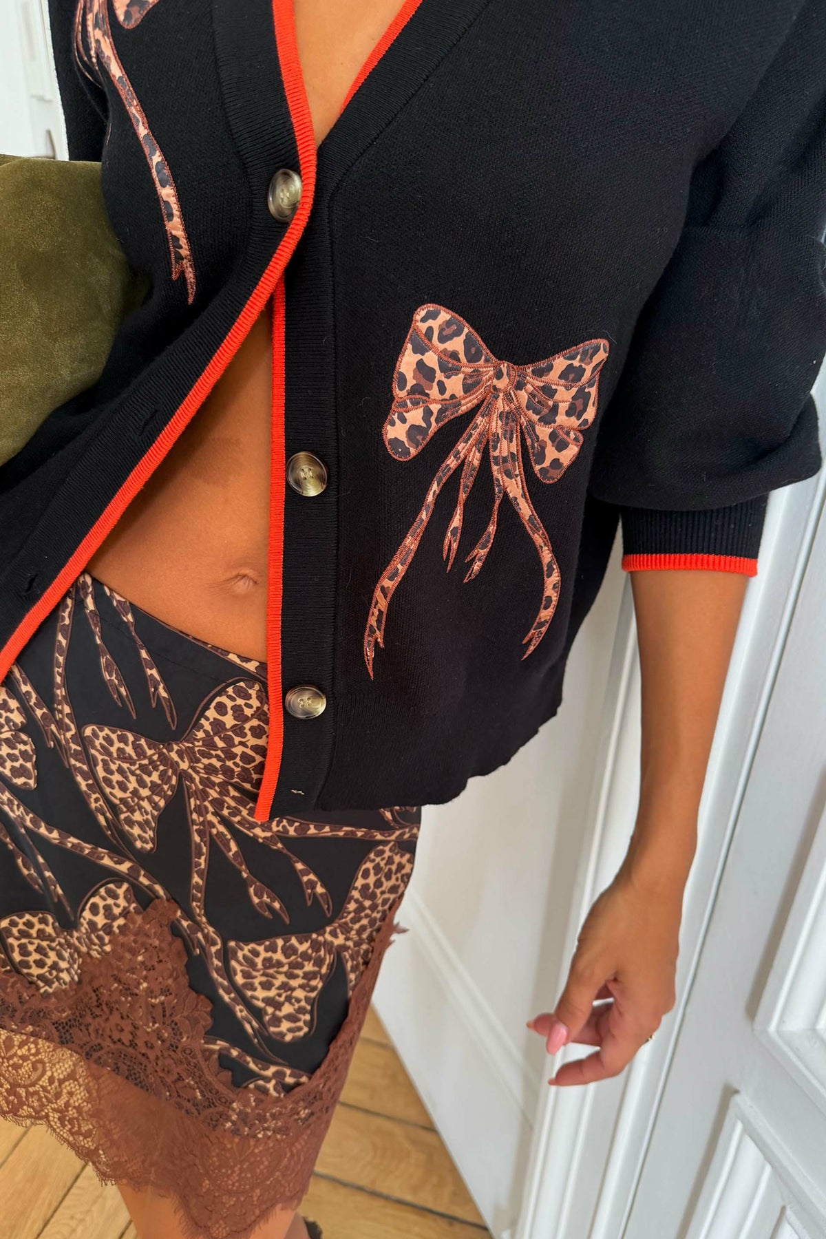 Never Fully Dressed Hot Sale - Black Leopard Bow Hannah Cardigan