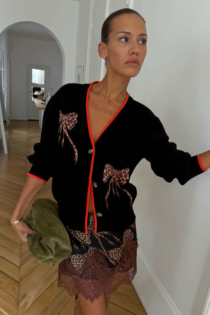 Never Fully Dressed Hot Sale - Black Leopard Bow Hannah Cardigan
