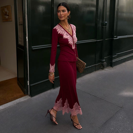 Never Fully Dressed Everyday - Burgundy Lace Rib Midi Maeva Skirt