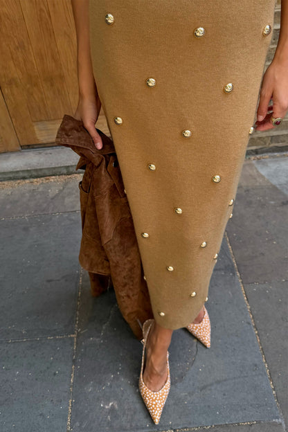 Never Fully Dressed Featured - Tan Stud Knit Skirt - Multi-wear