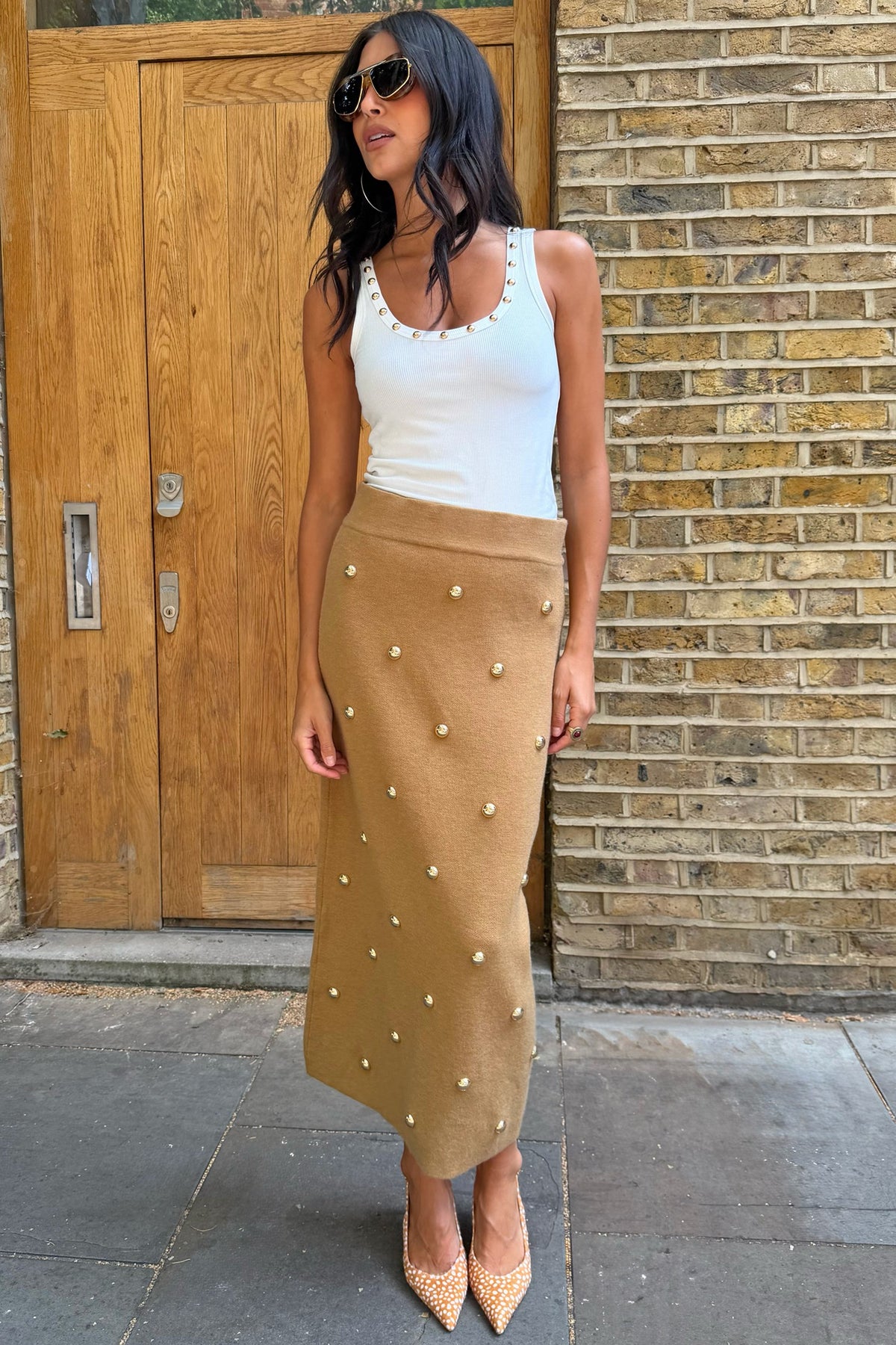 Never Fully Dressed Featured - Tan Stud Knit Skirt - Multi-wear