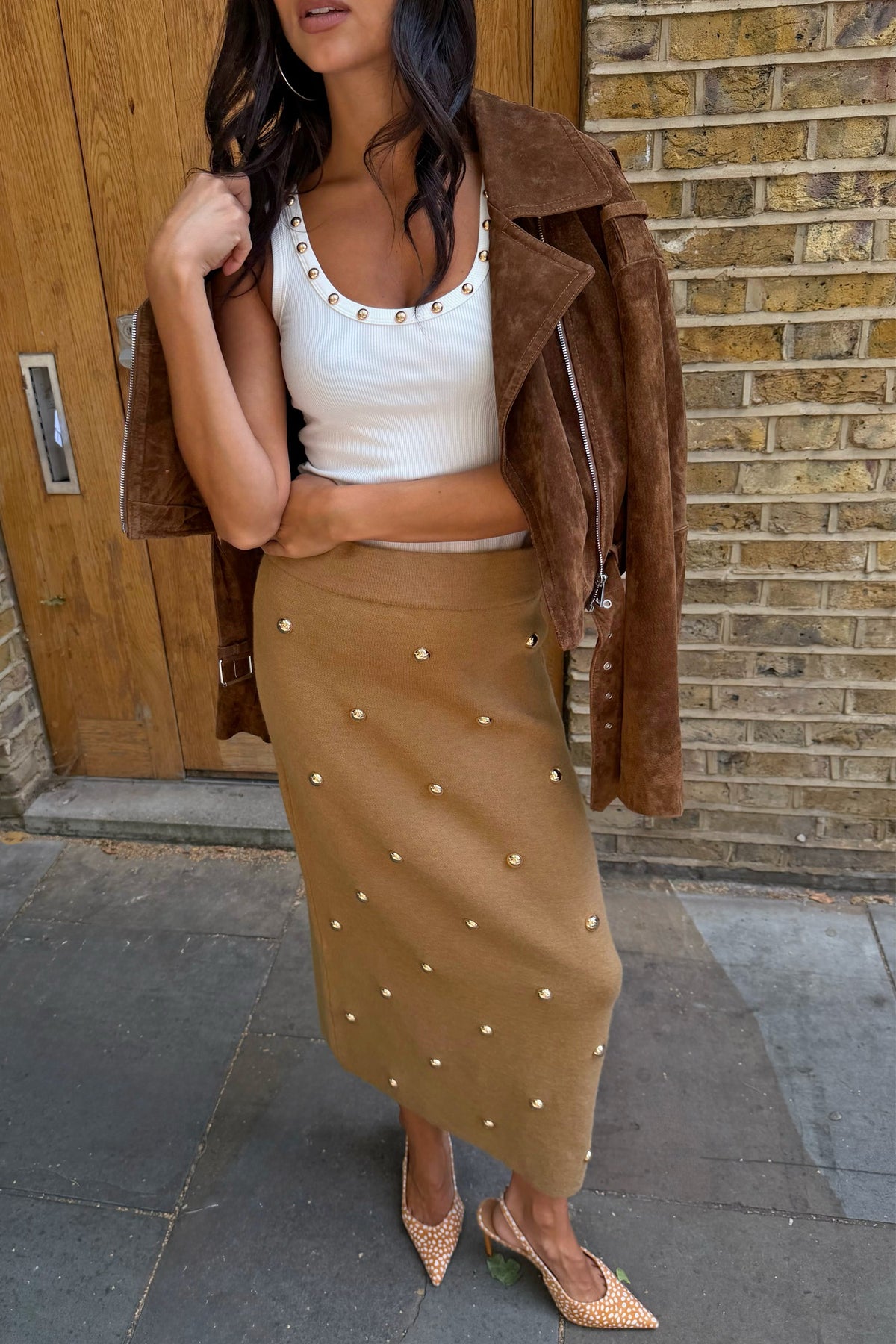 Never Fully Dressed Featured - Tan Stud Knit Skirt - Multi-wear