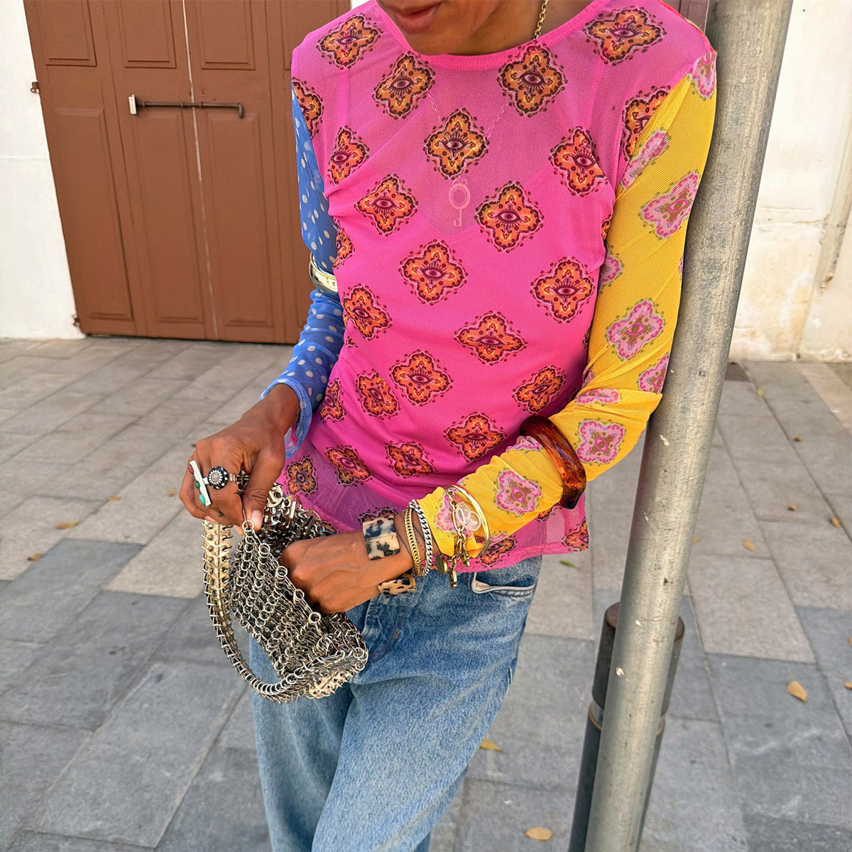 Never Fully Dressed Trending - Pink Mix Tile Long Sleeve Mesh Top