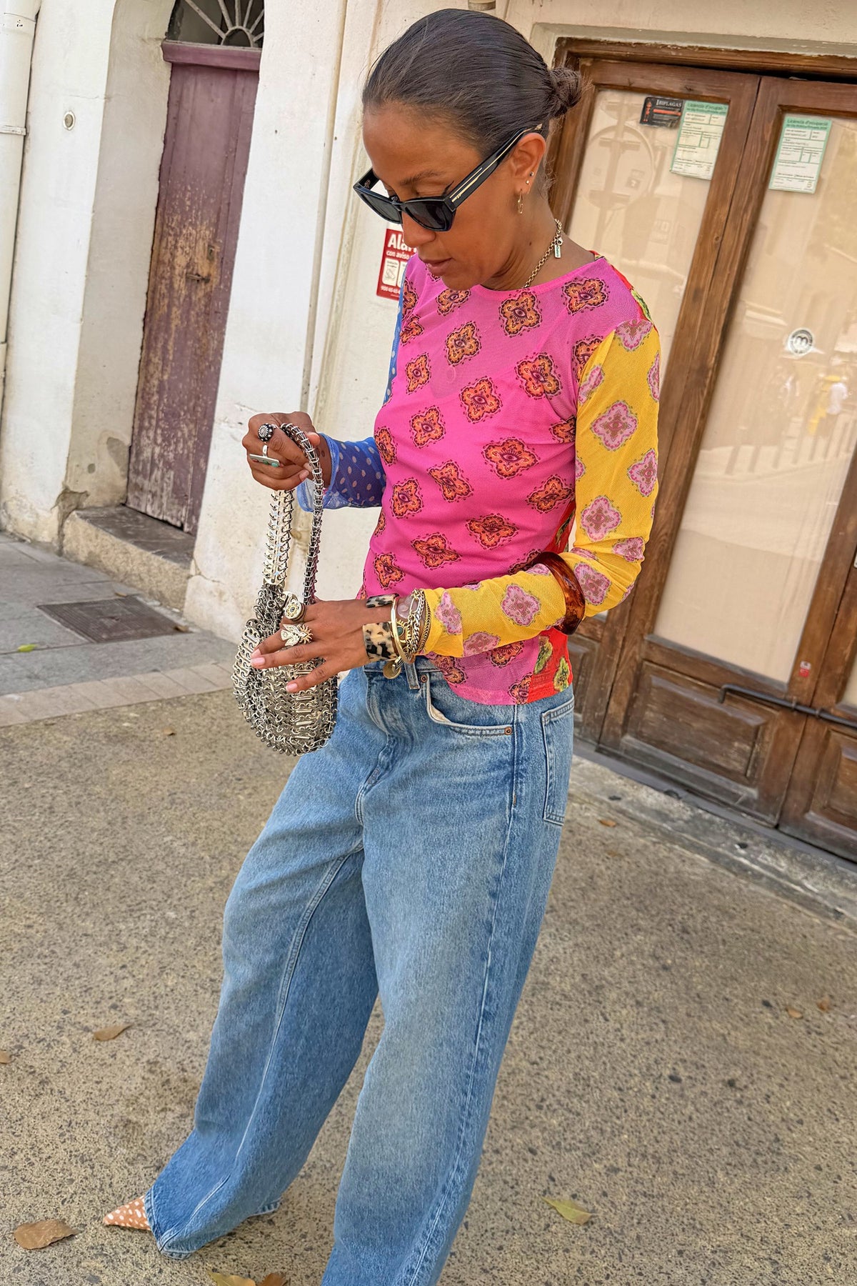 Never Fully Dressed Trending - Pink Mix Tile Long Sleeve Mesh Top