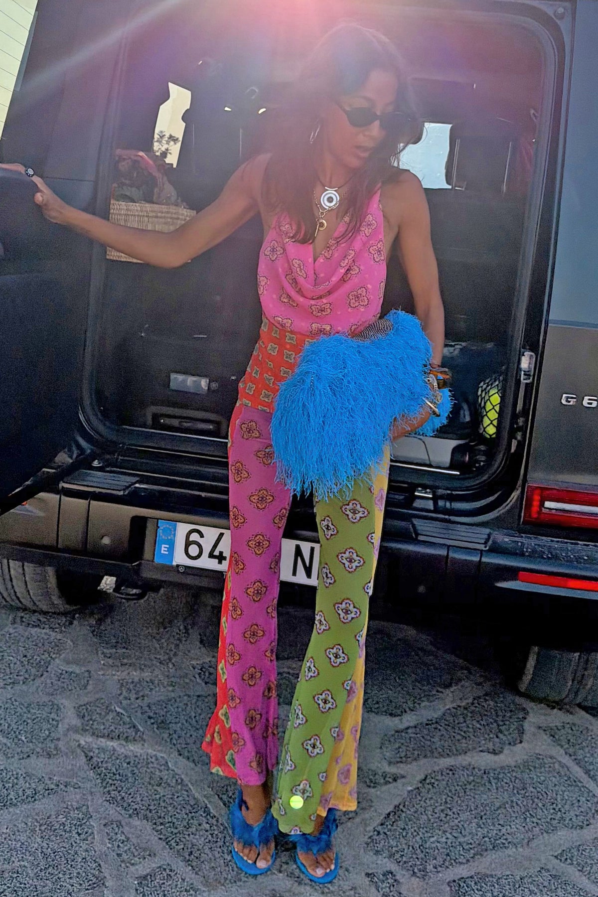 Never Fully Dressed Discount - Pink Mix Tile Mesh Flare Trousers