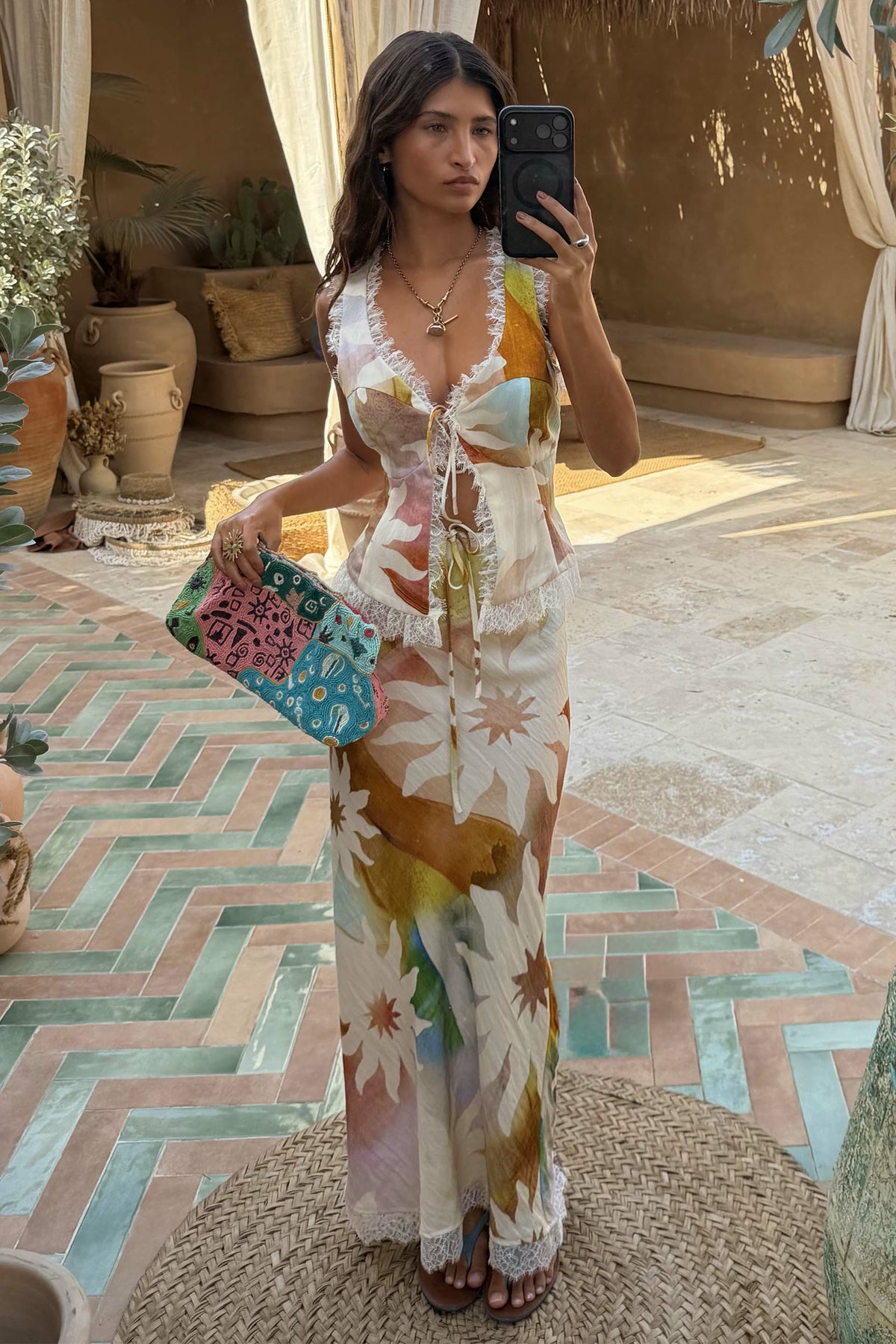 Never Fully Dressed Everyday - Abstract Soleil Mabel Skirt - Lace Hem, Drawstring Waist - Never Fully Dressed