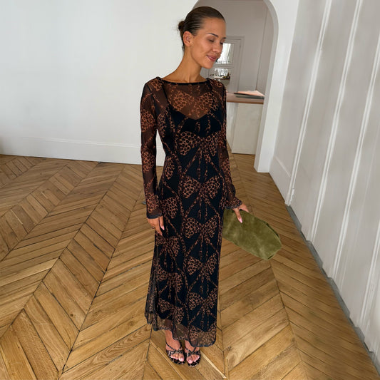 Never Fully Dressed Sale - Black Leopard Bow Aria Mesh Dress Petite